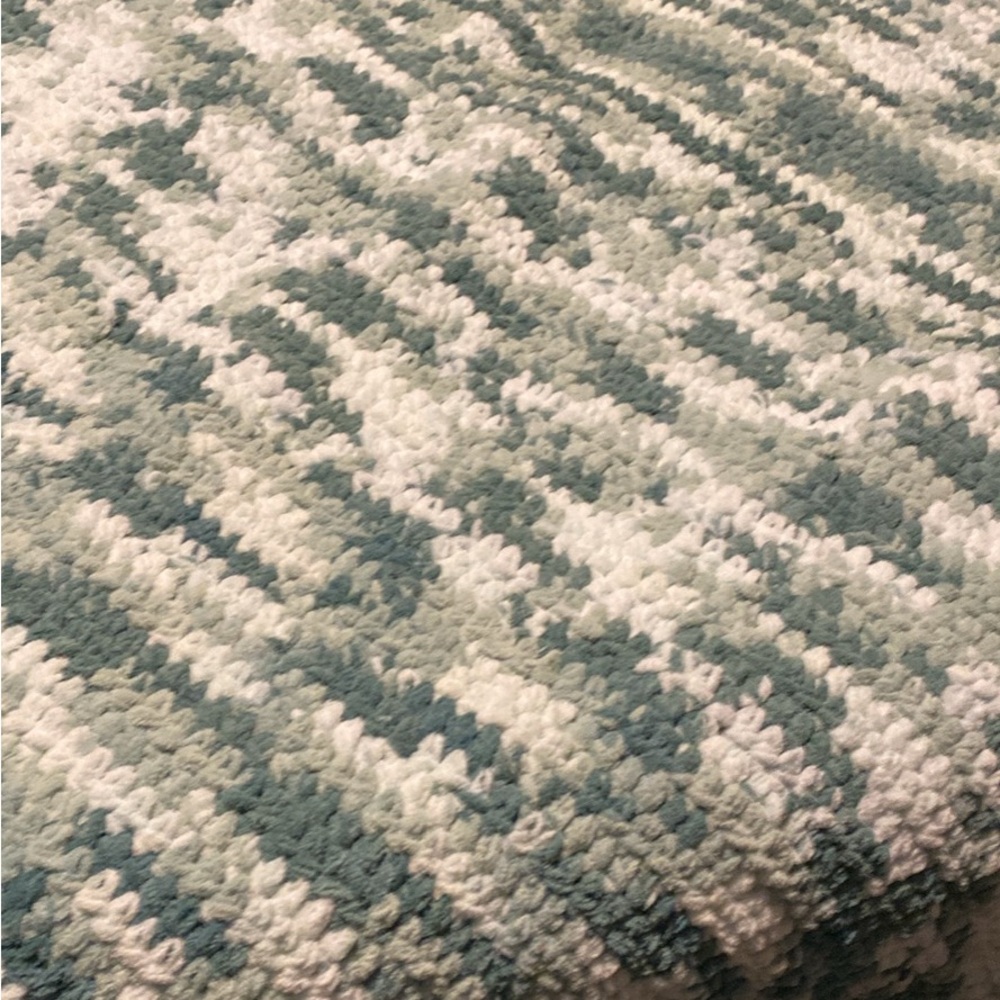 Handmade Green and White Chenille Crocheted Baby Blanket